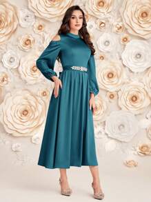 Modelyn Women's Solid Color Open Shoulder Lantern Sleeve Long Elegant Arabian Style Dress Long Evening Dresses - Teal Blue - View 4