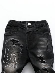 Young Boy Black Letter Embroidered Ripped Jeans - Black - View 3