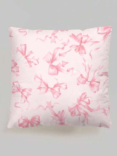 Kawaii 1pc Hand-Drawn Pink Bow Pattern Throw Pillow Cover, Velvet Printed Square Cushion Case Without Pillow Core, Suitable For Daily Household Decor In Living Room And Bedroom, Sofe Cushion Cover Or Car Pillow Cover, All Seasons