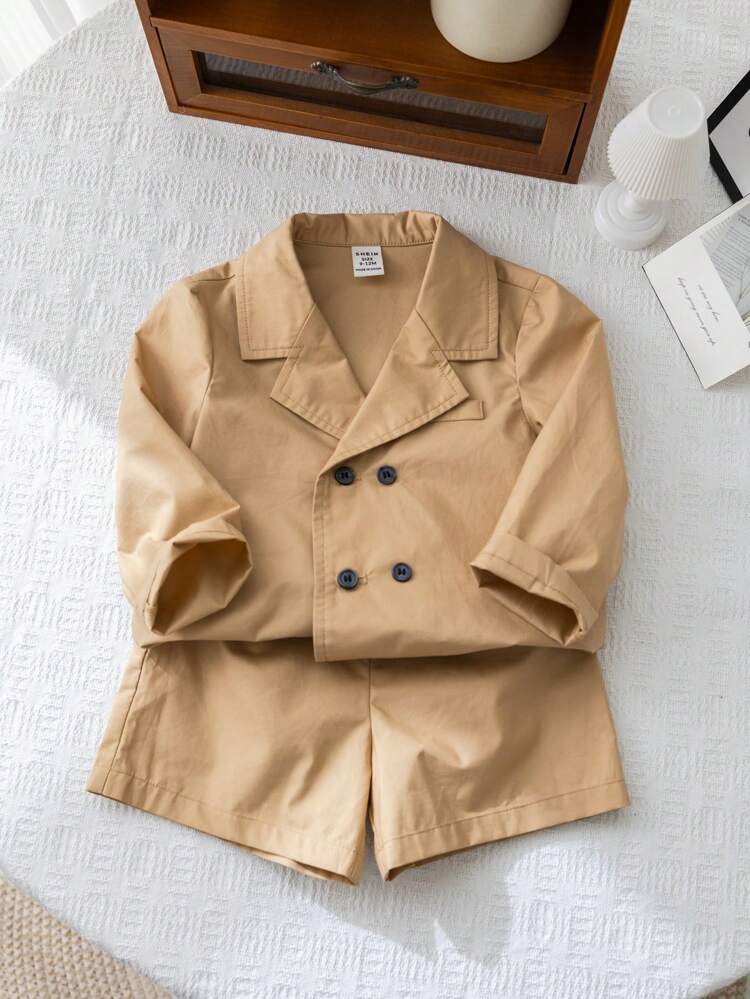 Baby Boy Cute Simple Color Gentleman Style Suit, Long Sleeve Jacket With Loose Shorts