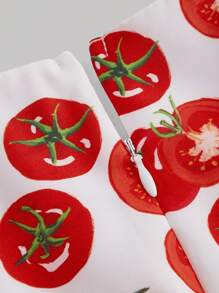 SHEIN MOD Red And White Colorblocked Tomato-Shaped Puff Sleeve V-Neck Skater Dress, Crop Length, For Spring And Summer - Multicolor - View 4