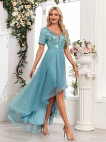 撞色亮片高低下摆网眼女式派对连衣裙 - 淺藍色 - 查看 4