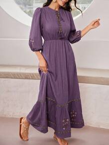 Mulvari 女士優雅花卉刺繡燈籠袖束腰連衣裙，夏季 - 淺灰紫 - 查看 11