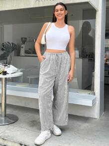 SHEIN EZwear Women's Plus Size Loose Fit Casual Navy & White Vertical Striped Long Pants For Summer