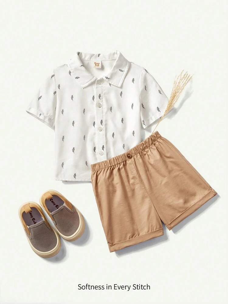 Baby Boy Cartoon Pattern Lapel Collar Short Sleeve Cardigan Top And Solid Color Shorts Two-Piece Set