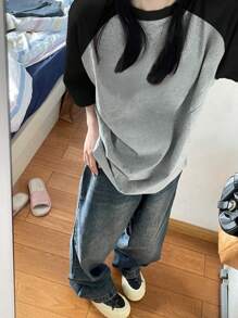 Women's Summer Colorblock Round Neck Raglan Short Sleeve Casual Loose T-Shirt - Grey - View 1