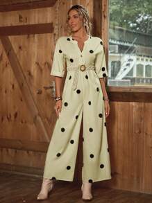 Breezaya Polka Dot Print Plunge Belted Jumpsuit, Vacation Style, Summer