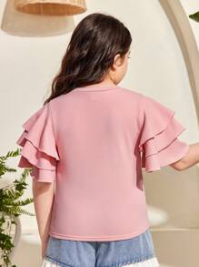 SHEIN Tween Girl Extended Size Loose Casual 3-Layer Ruffled Texture Knitted Round Neck T-Shirt