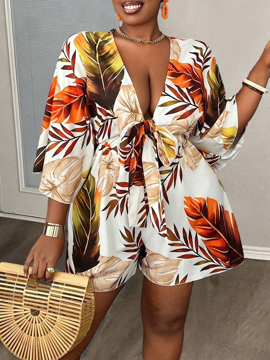 Slaydiva Plus Size Holiday Casual V-Neck Loose Printed Jumpsuit With Tie Belt For Women - Multicolor - View 1