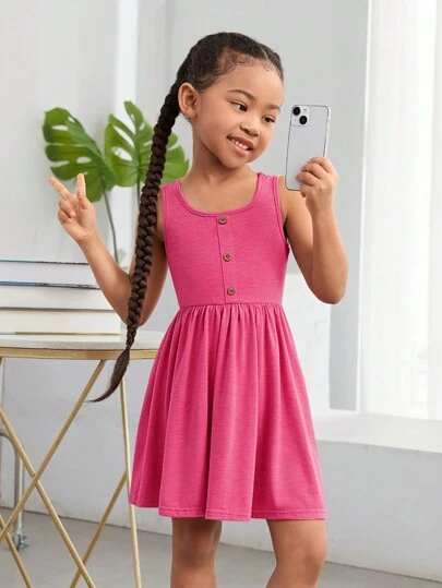 SLAYR KIDS Young Girl's Everyday Casual Knitted Solid Color Sleeveless Tank Dress For Spring/Summer Outing