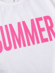 SHEIN Tween Girl Casual Knitted Round Neck Short-Sleeved T-Shirt With Letter Print And Color Block Shorts Set, Daily Wear