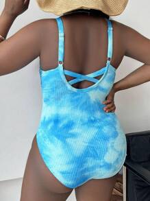 SHEIN Swim Curve 大尺碼女士水染印花休閒一件式泳衣，帶肩帶，適用於假期、夏天沙灘 - 藍色 - 查看 2