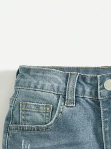 SHEIN Tween Boy Summer Casual Cat Whisker Detail Rolled Hem Denim Shorts