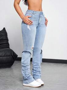 SHEIN EZwear Lässig Jeans für Damen mit zerrissenem Detail, Falten und Reißverschlusstaschen - Helle Waschung - Übersicht 5