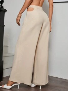 SHEIN BIZwear Pantalones rectos con lazada y cintura alta de unicolor y con aberturas - Albaricoque - Ver 2
