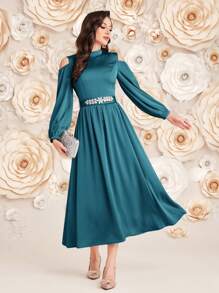 Modelyn Women's Solid Color Open Shoulder Lantern Sleeve Long Elegant Arabian Style Dress Long Evening Dresses - Teal Blue - View 8