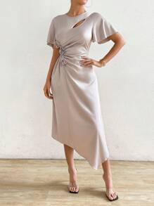 Chiquease Women's Summer Solid Color Round Neck Ruffled Short Sleeve Long Elegant Dress With 3D Flower Decoration - Apricot - View 6