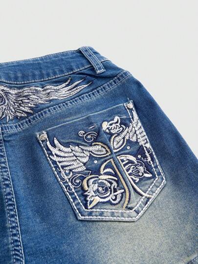 Fairycore Women's Wing Embroidered Casual Denim Shorts With Pockets, School