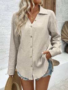 EMERY ROSE Áo Sơ Mi Dài Tay Trễ Vai Màu Trơn Cho Nữ Cho Mùa Xuân/Hè - Màu be - Xem 4