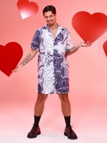 ROMWE MEN Street Life 男式大理石印花衬衫和抽绳腰短裤