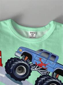 SHEIN Monster Truck And Young Boy Casual Simple Car Print Short Sleeve Round Neck T-Shirt, Suitable For Summer