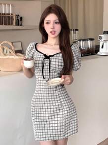 DAZY 女士优雅短款格子连衣裙，泡泡袖，收腰，夏季太阳裙，休闲女装 - 黑色 - 查看 4