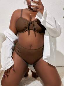 SHEIN Swim Curve Plus rozmiar Zwykły brązowy prosty biustonosz i dół od bikini Strój kąpielowy na letnią plażę