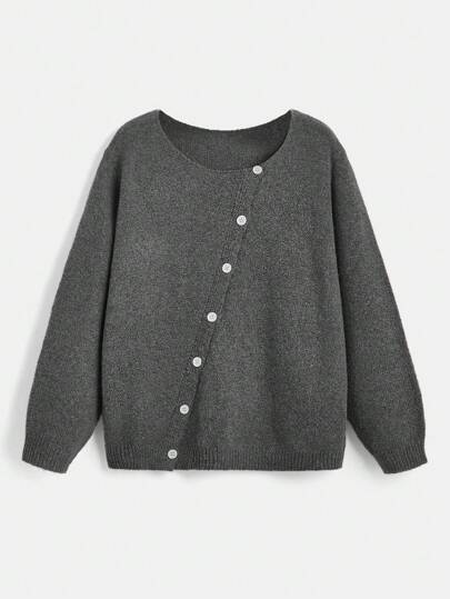 SHEIN Plus Size Casual Grey Floral Slant Button Long Sleeve Cardigan, For Winter Fall Cloth For Women Autumn