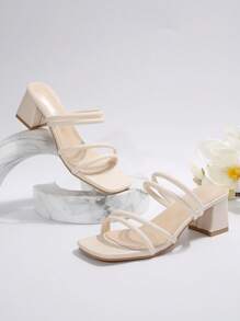 法式仙女凉鞋，女式夏季新款时尚粗跟细带优雅系带高跟凉鞋 - 米色 - 查看 6