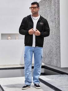 Manfinity Homme Men's Plus Size Drawstring Hoodie With Letter Print And Zipper, Long Sleeve - Black - View 5