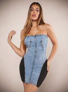 Denimoi Farbblockkleid aus Denim mit Reißverschluss für den Sommer - Verschiedenfarbig - Übersicht 1