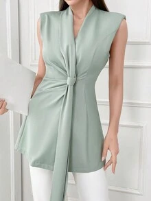 Modelyn 女式优雅纯色宽肩带收腰无袖西装外套，夏季 - 綠色 - 查看 2