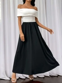 SHEIN Privé Elegantes, modisches Damen Kleid in Schwarz und Weiß mit Kontrastfarben, einschultrig, sexy, für romantische Anlässe, Dates, Arbeit, Straße, Hochzeitssaison, Abschlussfeier, Urlaub, Lehrertag, Muttertag