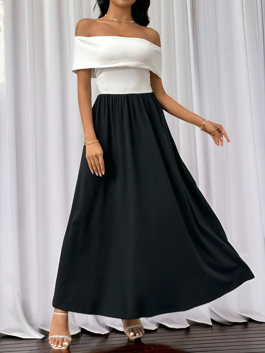 SHEIN Privé Elegantes, modisches Damen Kleid in Schwarz und Weiß mit Kontrastfarben, einschultrig, sexy, für romantische Anlässe, Dates, Arbeit, Straße, Hochzeitssaison, Abschlussfeier, Urlaub, Lehrertag, Muttertag