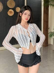 DAZY 女款素色前扣透視和服罩衫，長袖，夏季度假海灘風 - 白色 - 查看 7