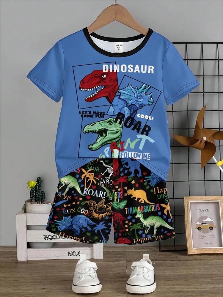 Young Boy Casual Cartoon Dinosaur Print Short Sleeve T-Shirt And Shorts Set, Suitable For Summer