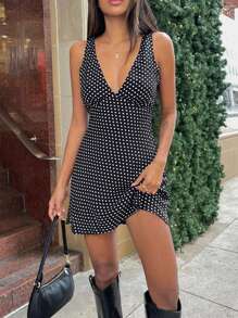 Celure Vestido corto sin mangas de verano con estampado de lunares y escote profundo en V para mujer de talla grande