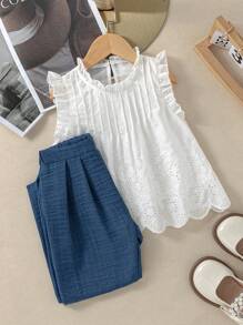 SHEIN 年輕女孩荷葉邊無袖上衣和休閒萬用長褲套裝 - 彩色 - 查看 1