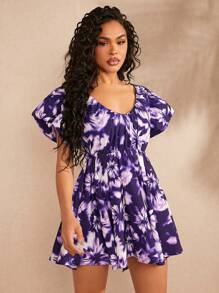 L'Amorae Robe imprimée tie-dye avec nœud dans le dos et manches bouffantes - Prune - Voir 4