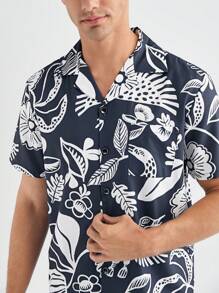 Conjunto de camisa de manga corta con estampado completo y pantalones cortos para hombre, para ropa de verano en casa