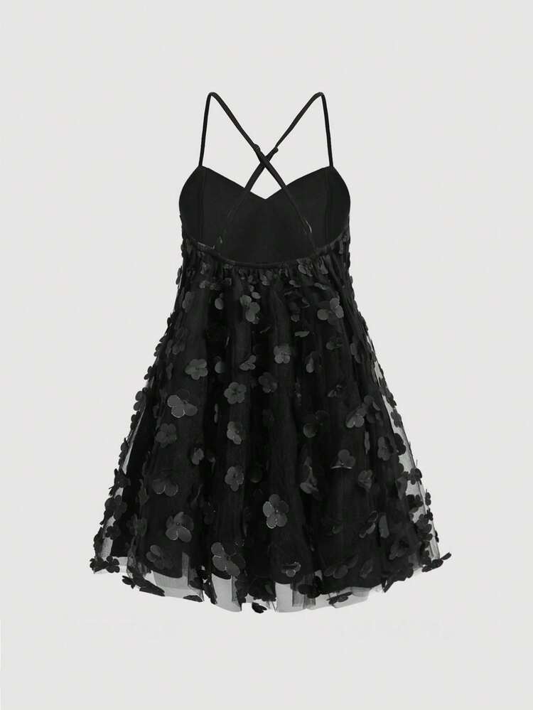 Black Mesh Camisole Dress With Floral Hem For Women, Suitable For Concerts