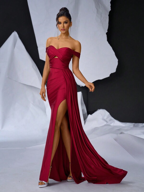 Glamrae Rochie elegantă, superbă și romantică, roșie, elastică, cu umerii goi, cu crăpături înalte, tip coadă de pește, potrivită pentru evenimente formale, petreceri ale burlacilor, nunți și festivaluri, rochie de seară, rochie de petrecere pentru invitați la nuntă, rochie de seară