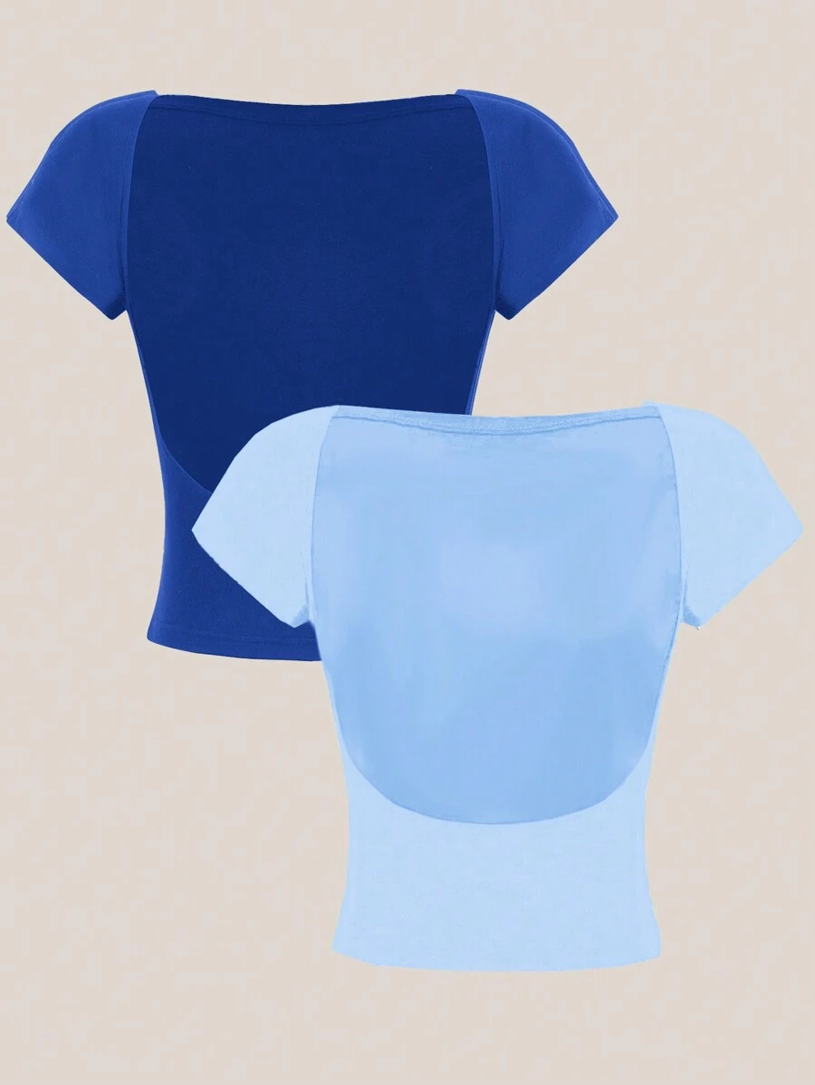 SHEIN EZwear 2 件套休闲简约露背圆领短袖修身短款 T 恤女款，适合夏季 - 彩色 - 查看 1