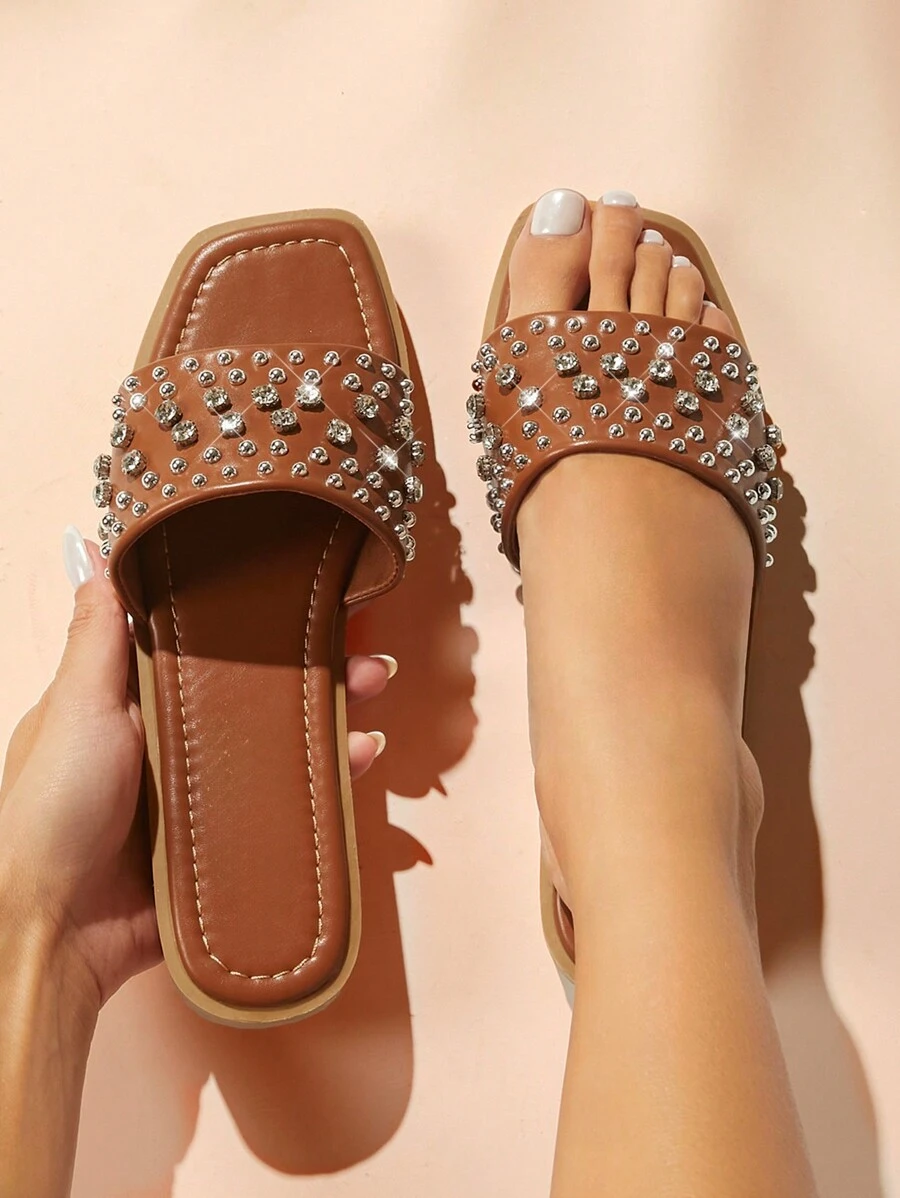 SHUZIA Ladies' Fashion Flat Sandals With Rhinestone Decoration - Brown - View 1