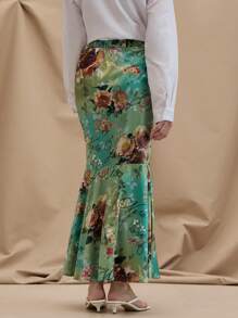 SHEIN LUNE Women's Elegant Vacation Style Flower & Letter Printed Ombre Fish-Tail Long Skirt, Summer Vacation - Multicolor - View 2