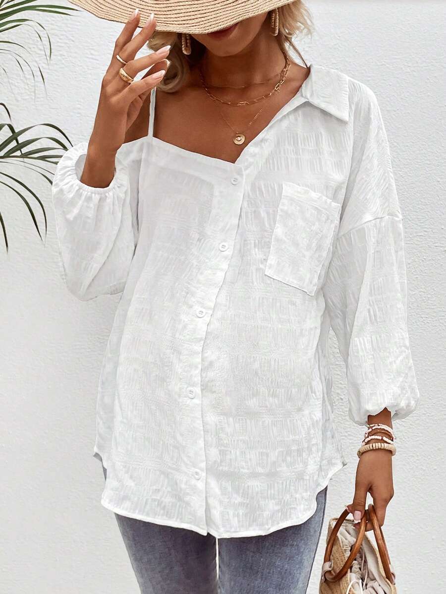 Áo sơ mi hở vai cho bà bầu màu trơn thường ngày mặc hàng ngày Áo sơ mi mùa xuân / hè - trắng - Xem 1