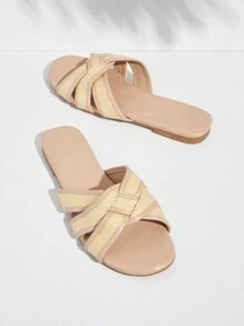 SHUZIA Women Weave Design Plain Open Toe Flat Sandals For Daily Wear - Apricot - View 2