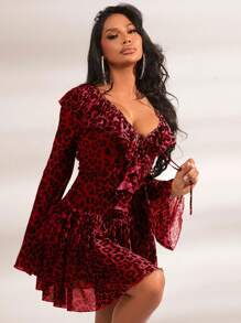 SHEIN SXY Women's Short Leopard Print Splice Dress With Ruffle Hem And Flare Sleeves, Spring/Summer