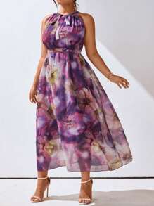 SHEIN Clasi Plus Size Floral Printed Halter Sleeveless Summer Dress - Purple - View 3