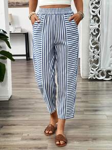 SHEIN LUNE Women's Fashionable Blue And White Striped Loose-Fit Versatile Cropped Trousers - Blue - View 6